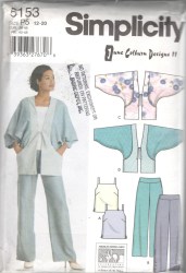 5153 SIMPLICITY COLBURN CAMI TOP, YOKE PANTS, KIMONO TIE JACKET PATTERN 12-20 UNCUT